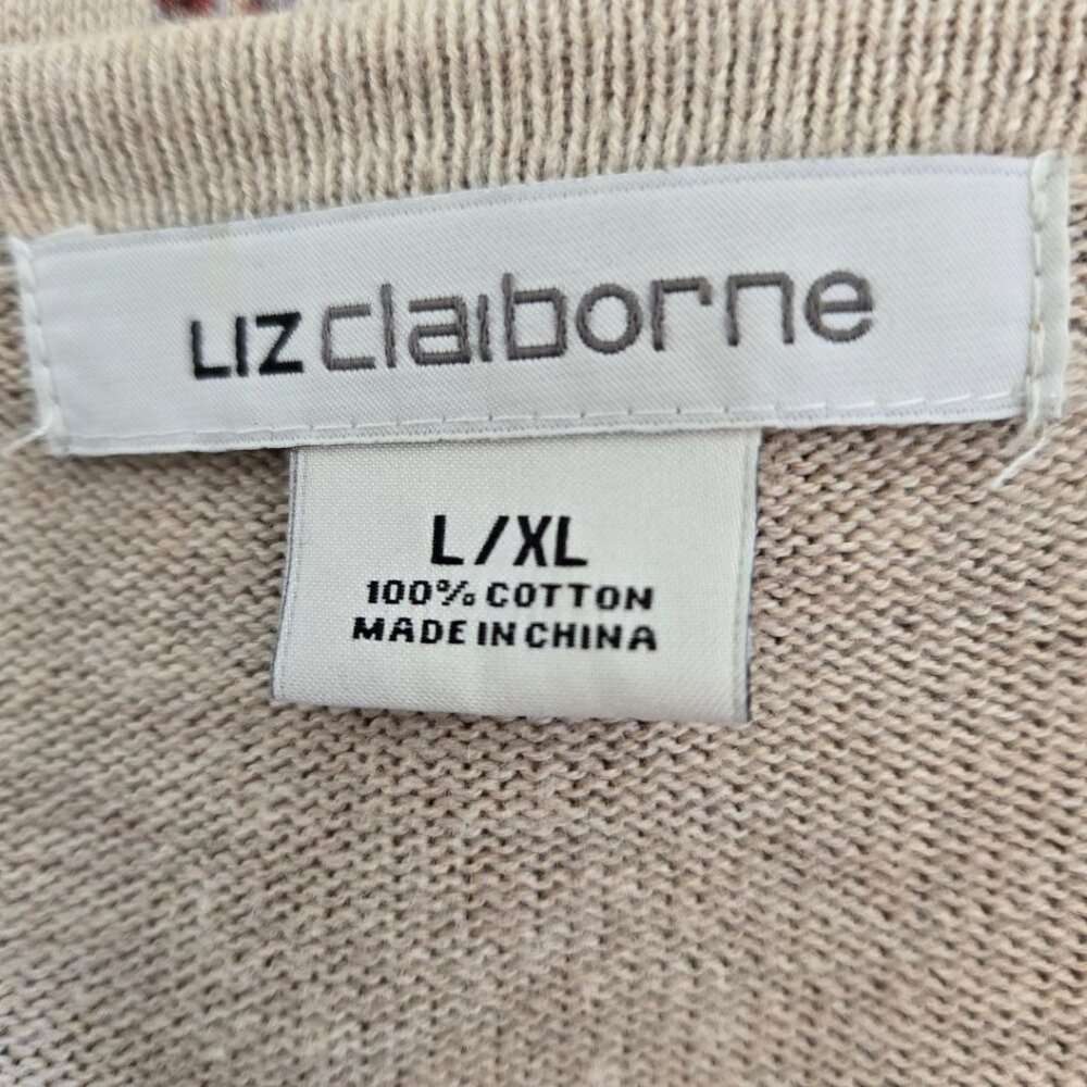 Liz Claiborne Womens L/XL Cotton Beige & Burgundy Floral Ruana Poncho Shawl - Picture 8 of 9